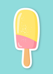 A sticker or icon of banana raspberry ice cream on a blue background. Trendy pop art design of the 80s. Vector illustration.