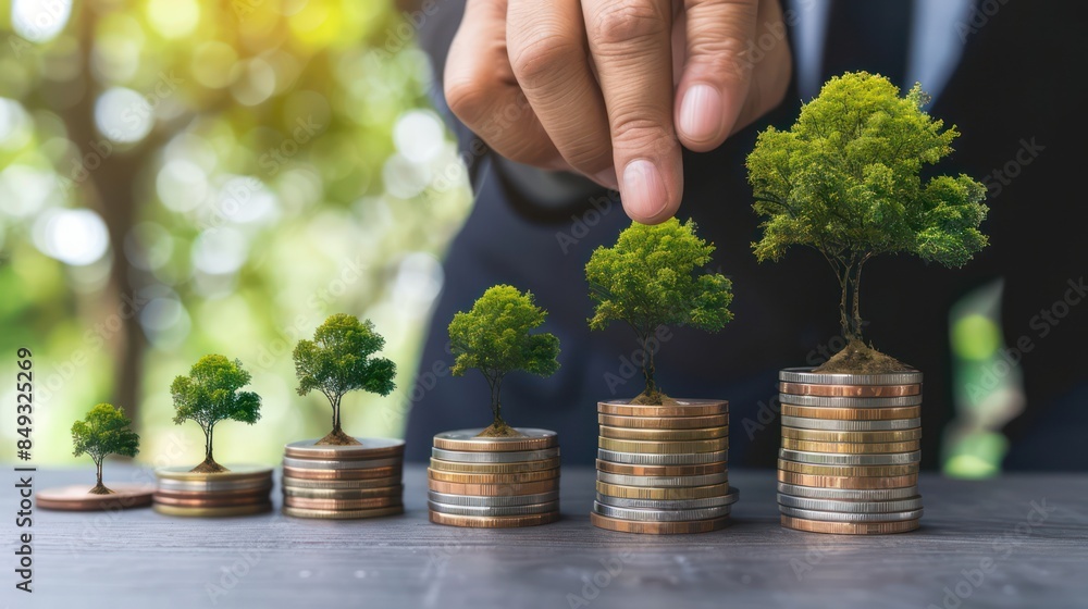 Aufkleber conceptual image showing growth in wealth with increasing coin stacks and trees representing investm