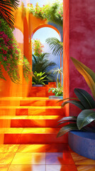 modern staircase walkway is decorated with beautiful flowers and colorful
