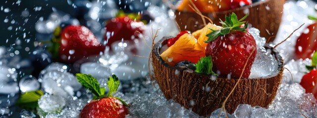 Fototapeta premium fruits, berries, coconut and ice. Selective focus