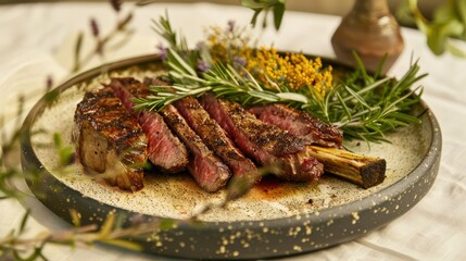 A succulent medium-rare steak garnished with fresh herbs presented on an elegant plate, perfect for culinary themes