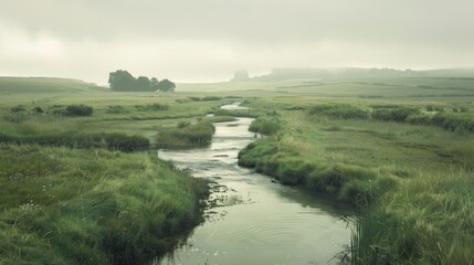 A Brook Flowing Across Farmland and Grasslands During Wet Weather
