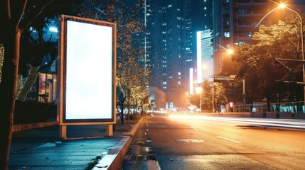 An empty, lit billboard on a sidewalk with passing traffic and high-rise buildings in the background at night