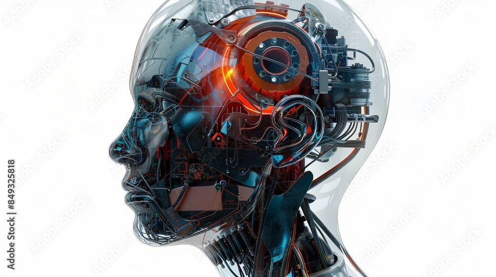 Poster A 3D rendering of a transparent AI robot head with a digital graphic brain engine inside, isolated on a white background with clipping path. Generative AI