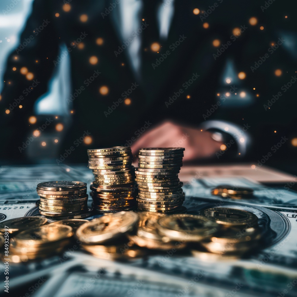 Poster a close-up image displaying various stacks of coins on us dollar bills with a blurred figure in the 