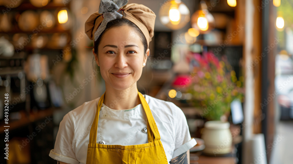 Wall mural Smiling woman chef with a headscarf stands in a warm, well-lit café