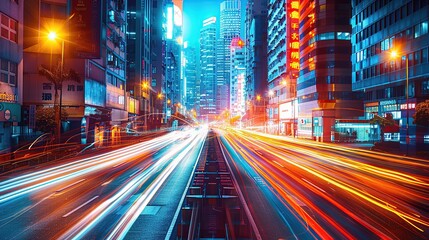 Obraz premium A bustling city at night with light trails from traffic