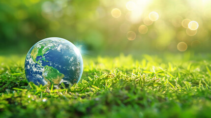 Earth globe glass ball on green grass against blur green background sun ray Climate change and Green earth concept