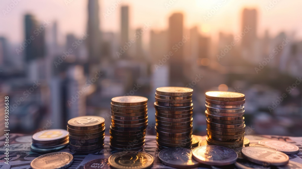 Poster coin stacks on various currency notes with a blurred city skyline in the background represent financ