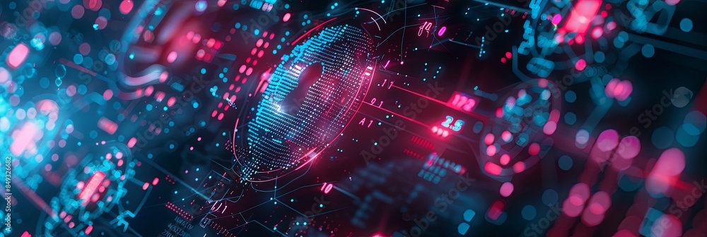 Fototapete an abstract depiction of a cybersecurity network with digital locks, shields, and nodes protected by