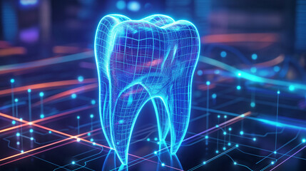 Tooth with  blue glowing wireframe mesh, dental technology background