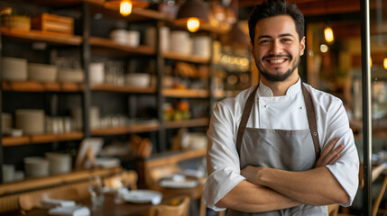 Obraz premium Smiling male chef with arms crossed standing in a professional kitchen
