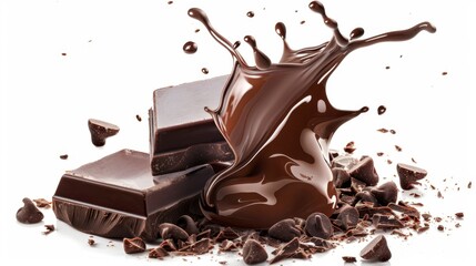 Delicious chocolate pieces with dramatic splash and chocolate fragments isolated on white background. Perfect for dessert and confectionery imagery.