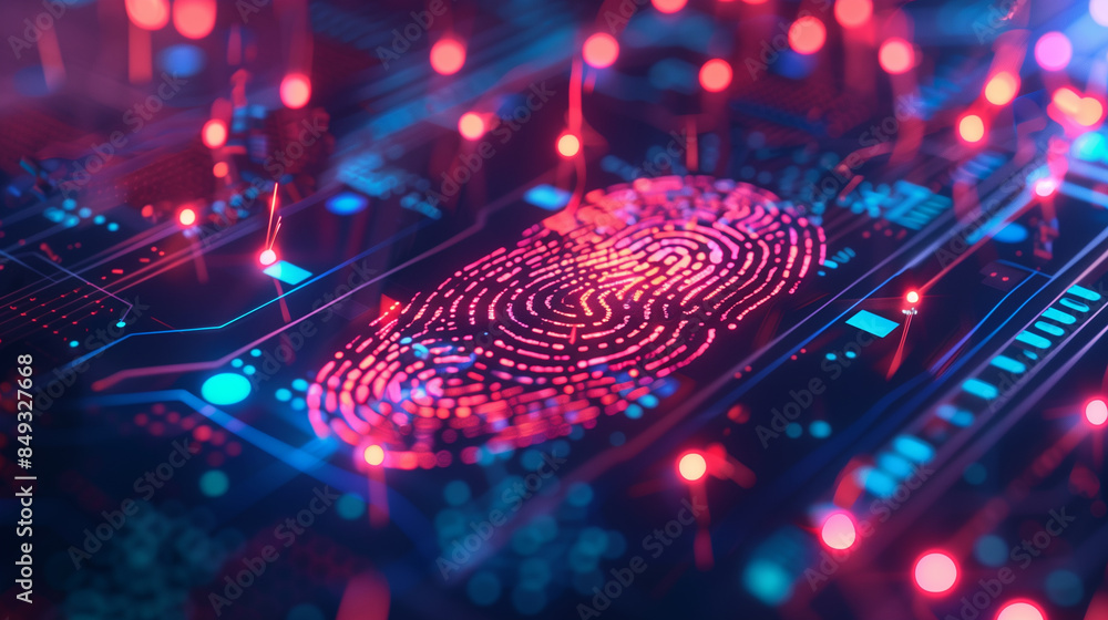 Poster a digital fingerprint with interconnected nodes, representing the complexity and connectivity of dig