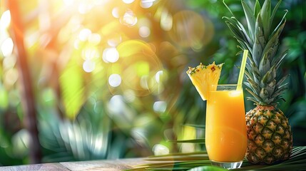 cool pineapple cocktail on the table. Selective focus