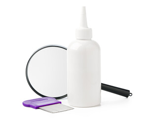 Medicine, lice comb and magnifying glass isolated on white