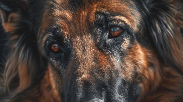 A German Shepherd dog with dark brown eyes is looking at the camera. The dog has a long, brown coat and a black nose.
