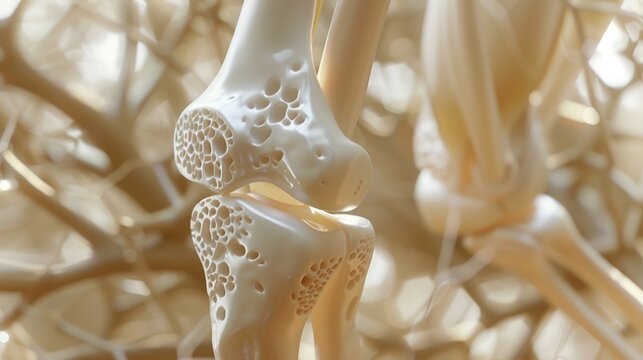 Detailed illustration of osteoporosis showing a close-up view of a bone with increased porosity, highlighting the effects of the disease.