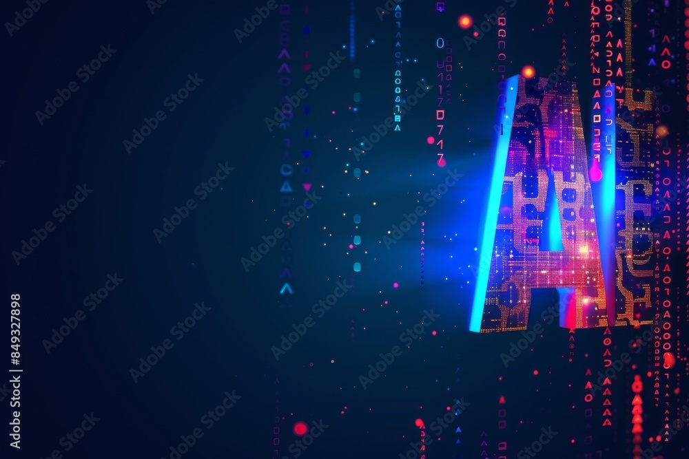 Poster ai data stream with glowing lights, advanced technology in artificial intelligence, high tech digita