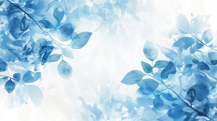 Elegant background with blue leaves and white space, perfect for design purposes, invitations, and seasonal themes. Delicate and calming.