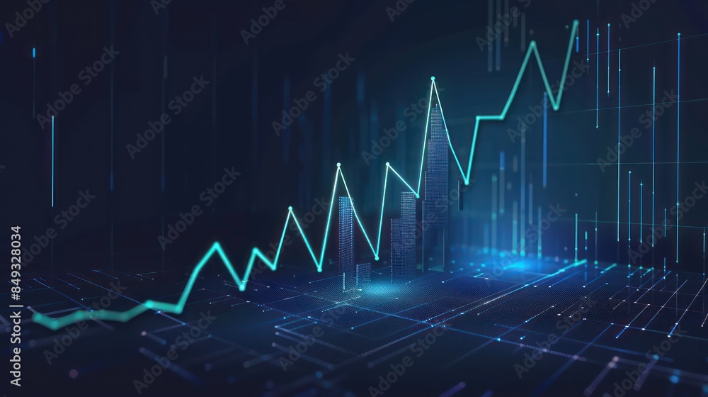 Poster digital image showing a 3d financial chart with rising and falling lines, overlaying a futuristic ci