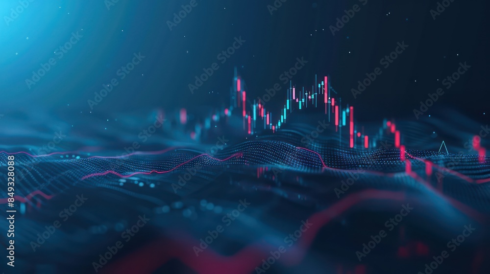 Poster stock market graph showing fluctuating data points over a dynamic wavy grid background