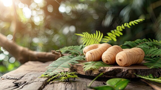 tamarind fruits on a wooden table. Selective focus
