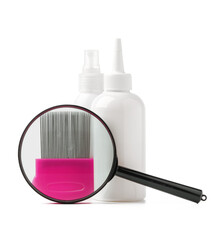 Cosmetic products, lice comb and magnifying glass isolated on white