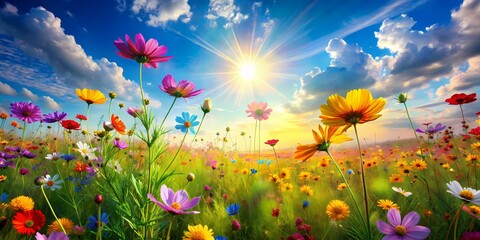 Fototapeta premium A Beautiful Field Of Flowers In Full Bloom Under A Bright Blue Sky And Warm Sunshine.