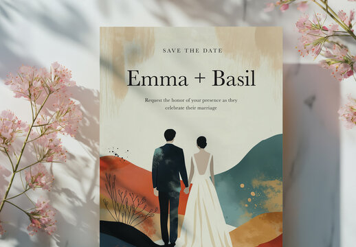 5 x 7 Wedding Invitation Card Layout With Bride and Groom Illustration, Generative ai