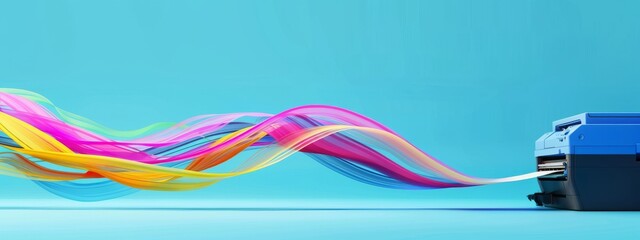 Blue printer producing vibrant, flowing ribbons in a creative display against a turquoise background