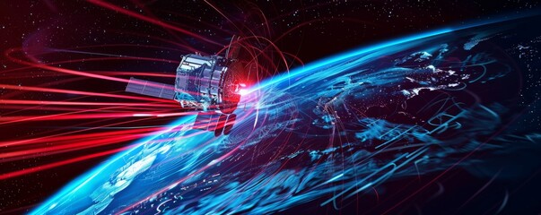 Vibrant satellite orbiting Earth with dynamic light trails in space