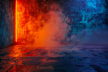 Obraz premium Empty dark stage scene, neon smoke, glowing mist, laser blurred fog, reflection wet textured, nightclub interior, city street view. Template banner, flyers, posters, mockup, promotion product display