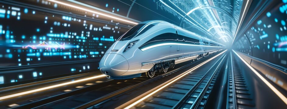 Futuristic high-speed train speeding through a digital tunnel with vibrant blue lights