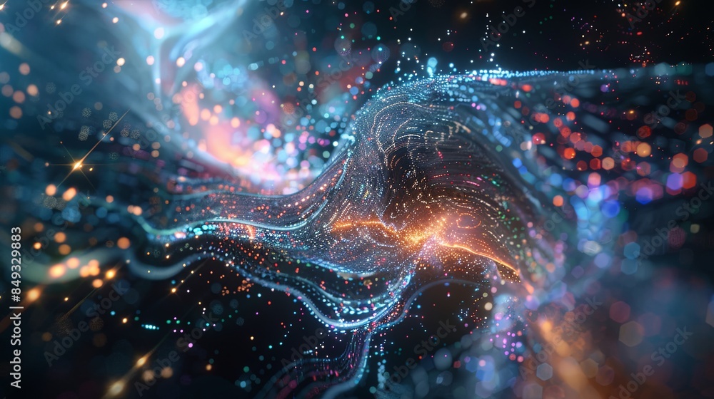 Fototapete A dynamic, intricate visualization of big data, featuring massive information streams, complex graphs, and digital interfaces representing AI data processing. Generative AI