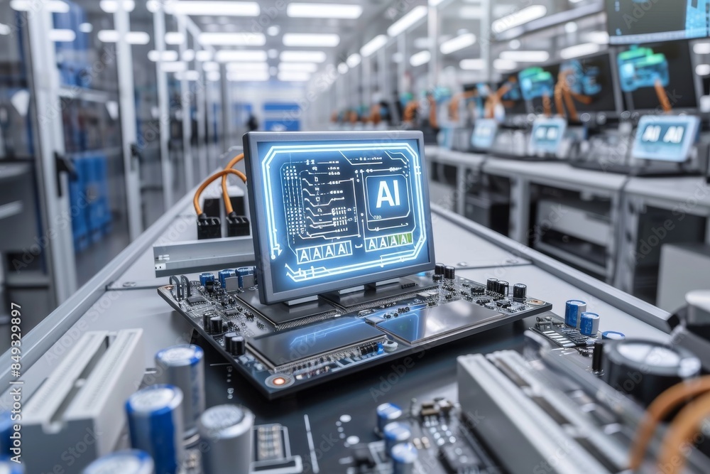 Poster ai processor in industrial factory, advanced technology in artificial intelligence, high tech digita