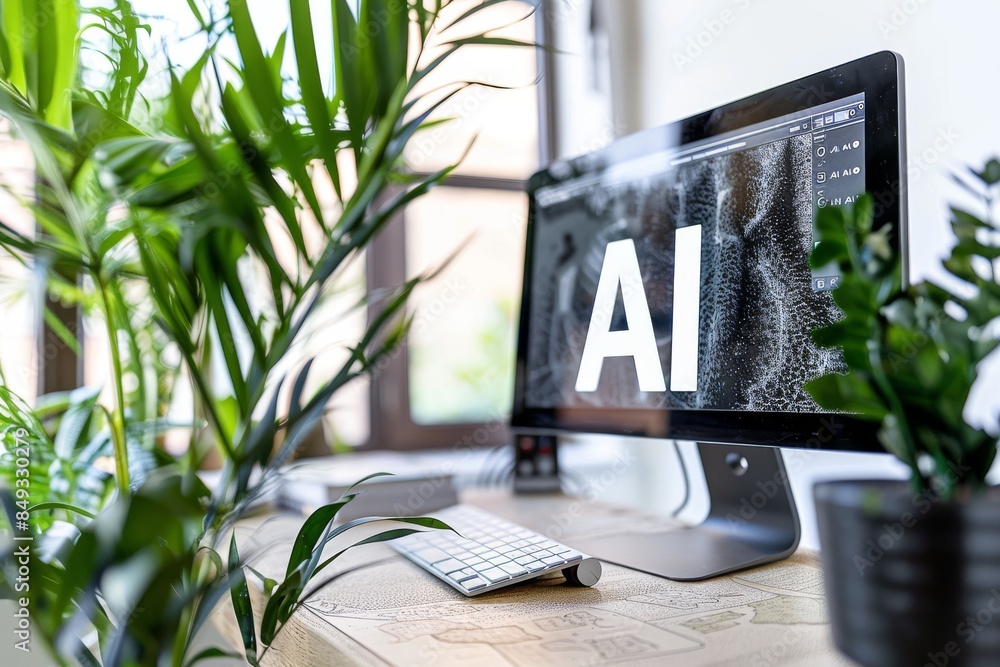 Poster ai text on computer monitor, advanced technology in artificial intelligence, high tech digital innov