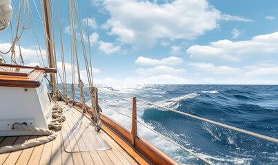 Sailing during the beautiful weather at sea. Detail of deck, mast and sails.