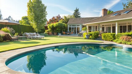 Stunning luxury villa with a sparkling pool, surrounded by lush greenery and palm trees, basking under bright sunlight. Tropical paradise retreat concept.