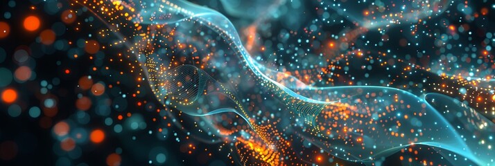 An abstract, dynamic visualization of big data processing. The image shows intricate information streams, complex graphs, and digital interfaces representing AI data processing. Generative AI