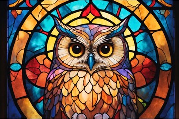 Abstract portrait of an owl bird animal with a colorful stained glass decoration.
