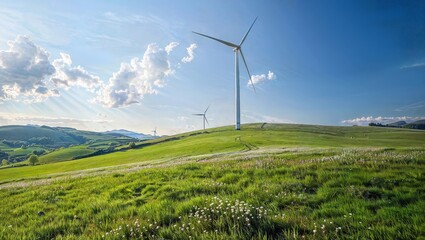 Rural scene with wind turbines on rolling green hills and distant mountains