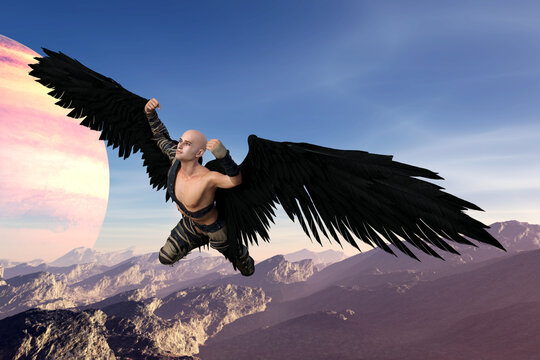 Illustration of an angel with spread wings and clenched fists flying above rough terrain with an exoplanet in the background.