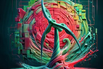 3D fractal artwork with wind turbine, tangled red structures, teal vines, and circuit board patterns