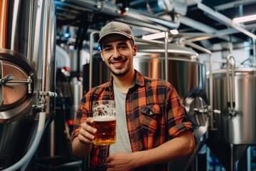 Smiling brewer in plaid shirt holding a glass of beer at brewery