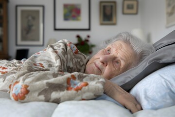 In her bed, a senior woman feels anxious and alone. The scene underscores the loneliness and social isolation of the elderly