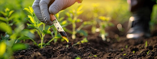 a biologist collects soil in a test tube. Selective focus