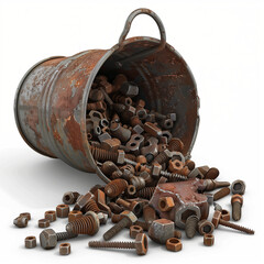 rusty tin can full of old bolts