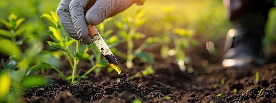 a biologist collects soil in a test tube. Selective focus