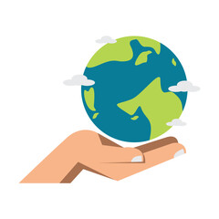 someone holding a small globe in their hand with clouds above it